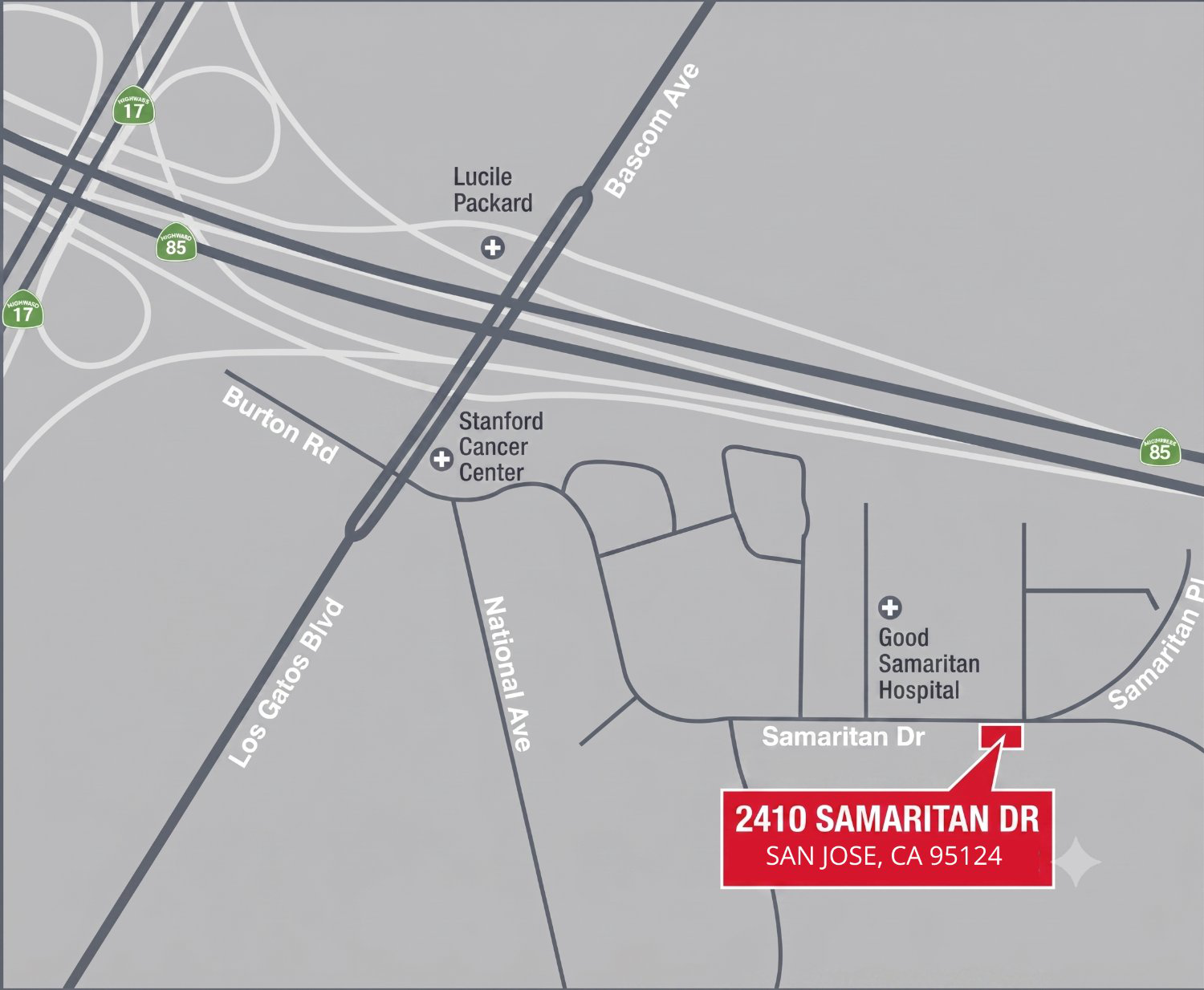 Street map showing 2410 Samaritan Dr, San Jose, CA 95124 and nearby medical centers