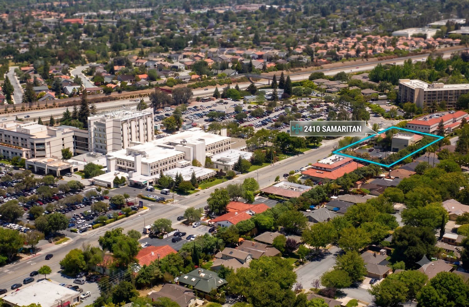 Aerial view with 2410 Samaritan property outlined